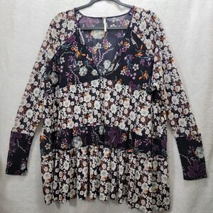 Free People Isabelle Tiered Dark Florals‎ Medium Tunic Top Flowy Peplum Babydoll